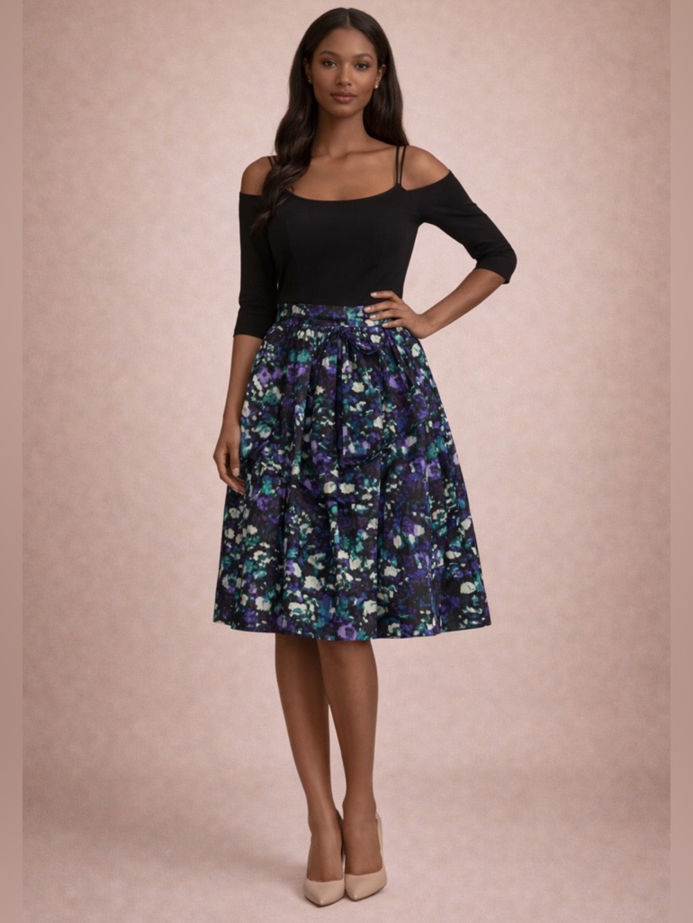 Jessica Howard Black Purple Floral Dress Size 10 Fit & Flare Cold Shoulder
